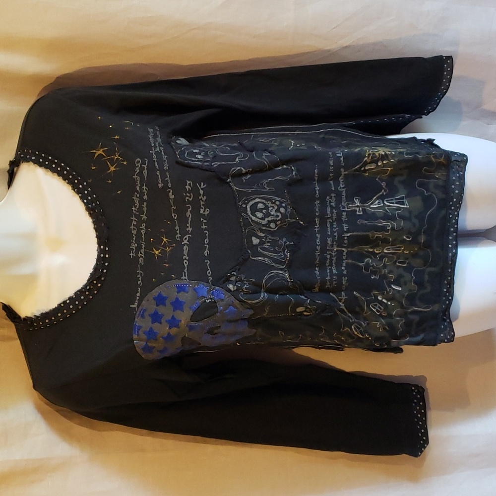 Women’s Black Long Sleeve Graphic Tee with Studded Neckline